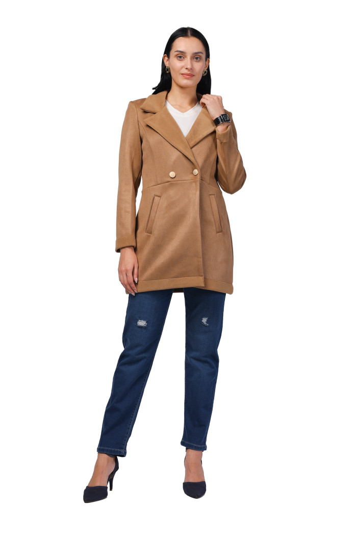 A model showcasing Women Semi Long Coat in Antipilling Suede Fabric thumbnail.