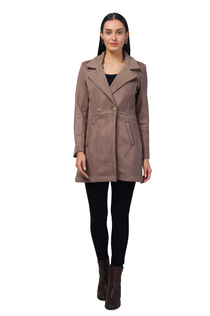 Women Semi Long Coat in Antipilling Suede Fabric in Mouse