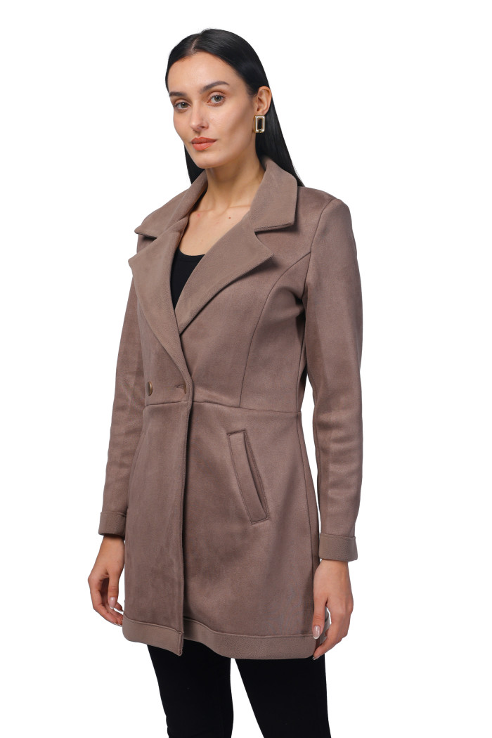 A model showcasing Women Semi Long Coat in Antipilling Suede Fabric thumbnail.