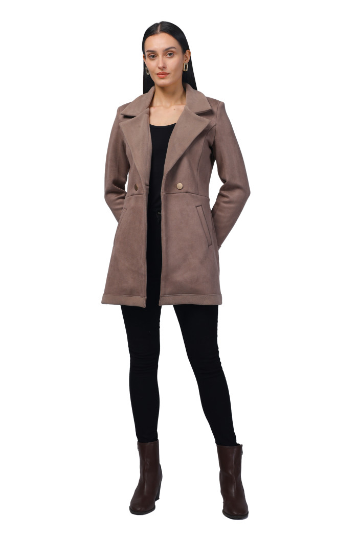 A model showcasing Women Semi Long Coat in Antipilling Suede Fabric thumbnail.