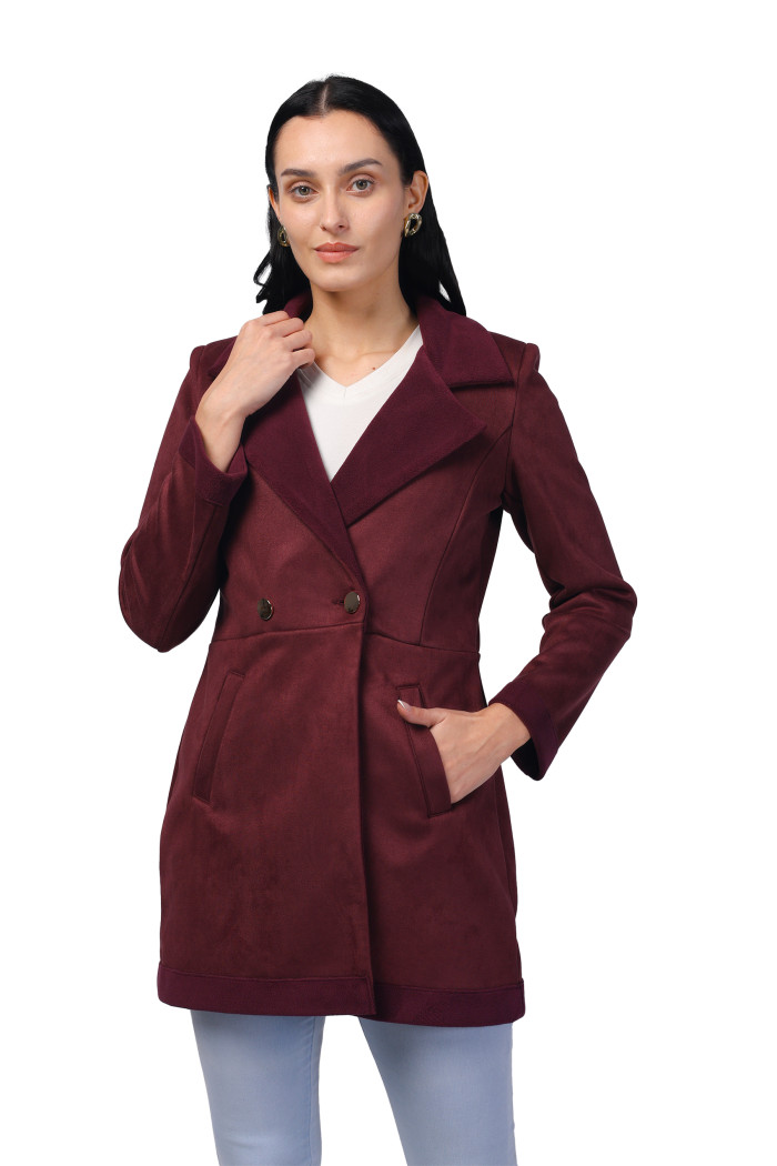 Women Semi Long Coat in Antipilling Suede Fabric in Wine