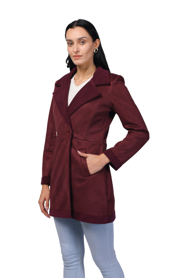 A model showcasing Women Semi Long Coat in Antipilling Suede Fabric thumbnail.