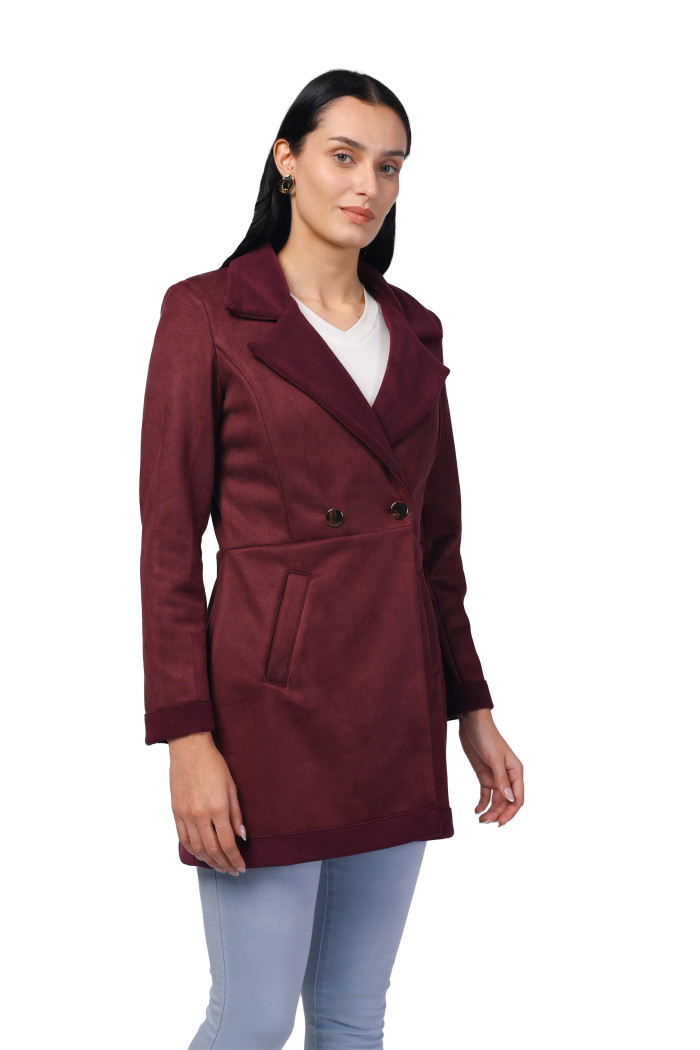 A model showcasing Women Semi Long Coat in Antipilling Suede Fabric thumbnail.