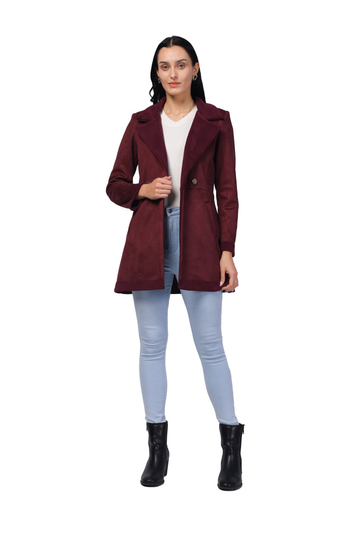 A model showcasing Women Semi Long Coat in Antipilling Suede Fabric thumbnail.