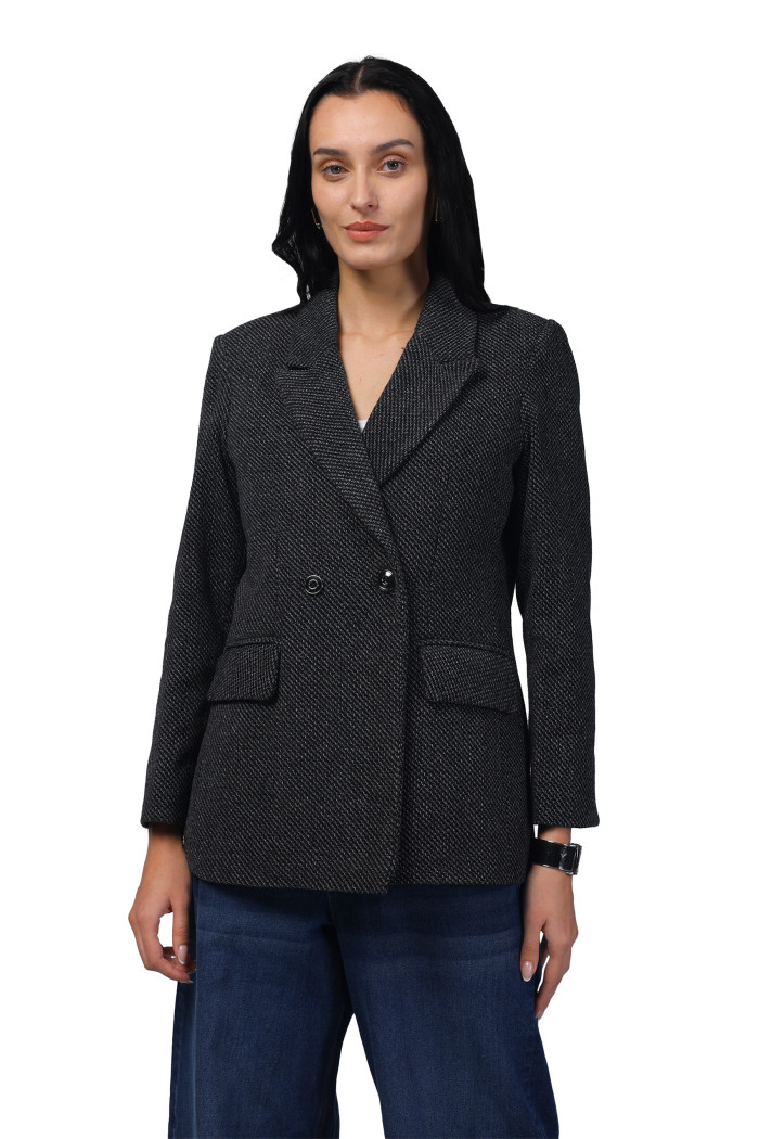 Women Double Breasted Mid Length Coat in Chenille Tweed Fabric - Anthra