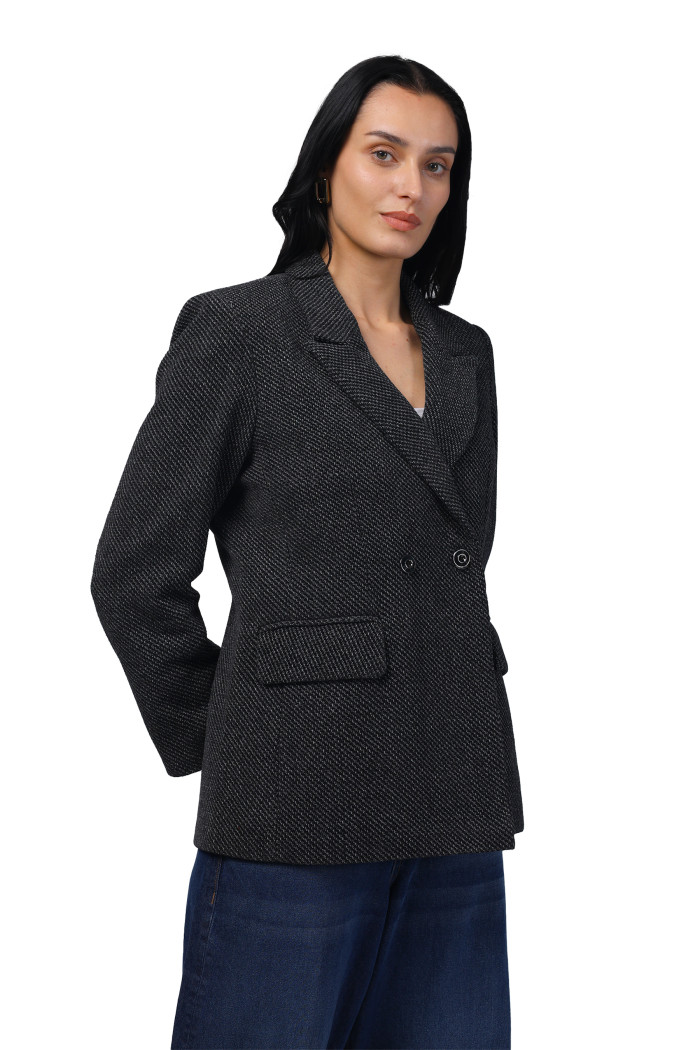 A model showcasing Women Double Breasted Mid Length Coat in Chenille Tweed Fabric thumbnail.