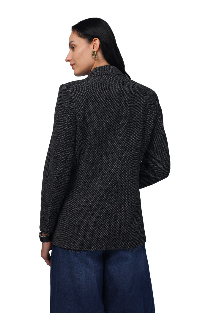 A model showcasing Women Double Breasted Mid Length Coat in Chenille Tweed Fabric thumbnail.