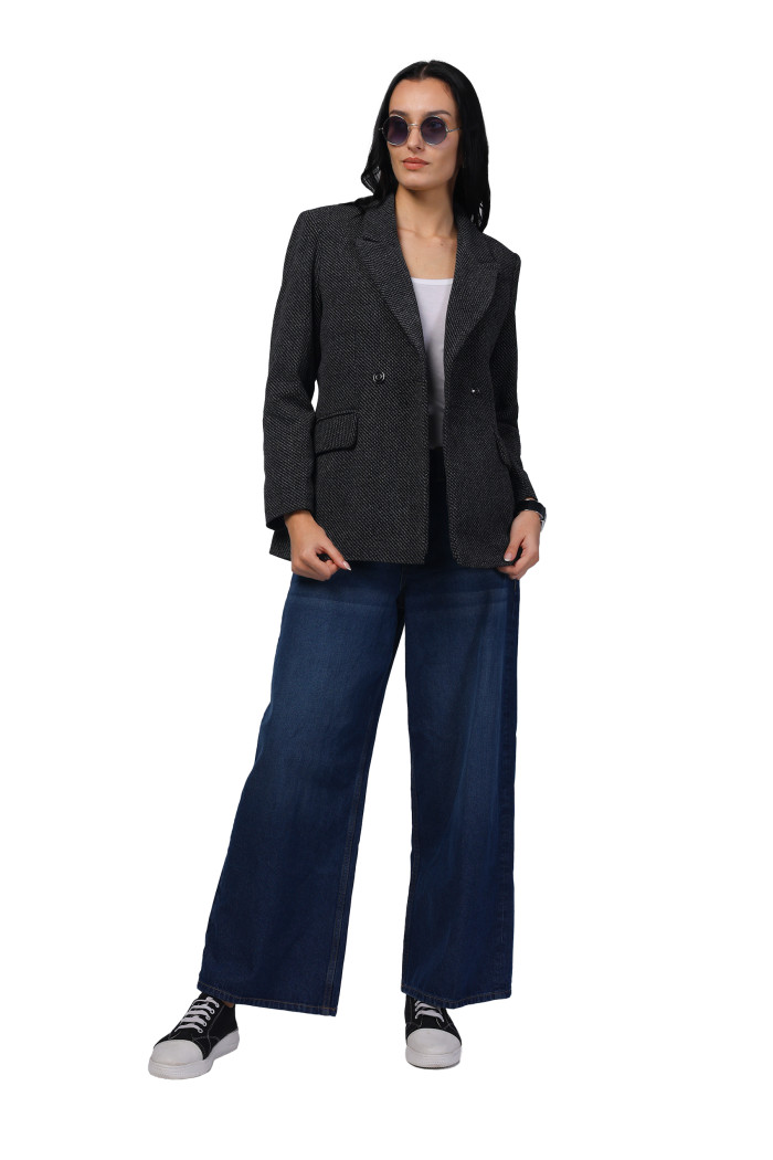 A model showcasing Women Double Breasted Mid Length Coat in Chenille Tweed Fabric thumbnail.