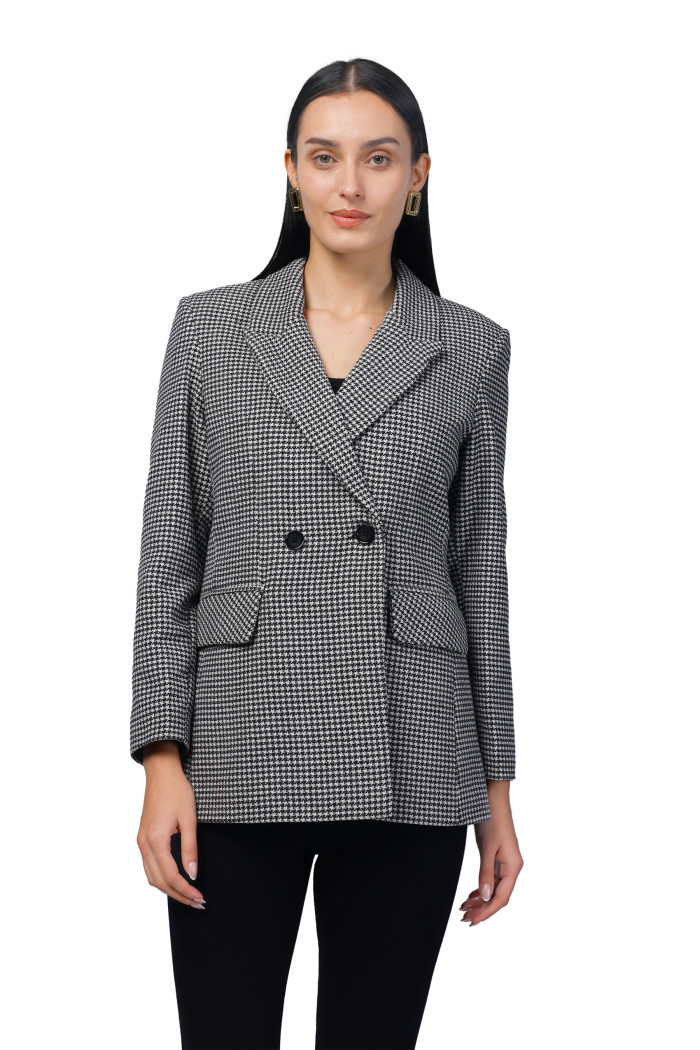 Women Double Breasted Mid Length Coat in Chenille Tweed Fabric in Black