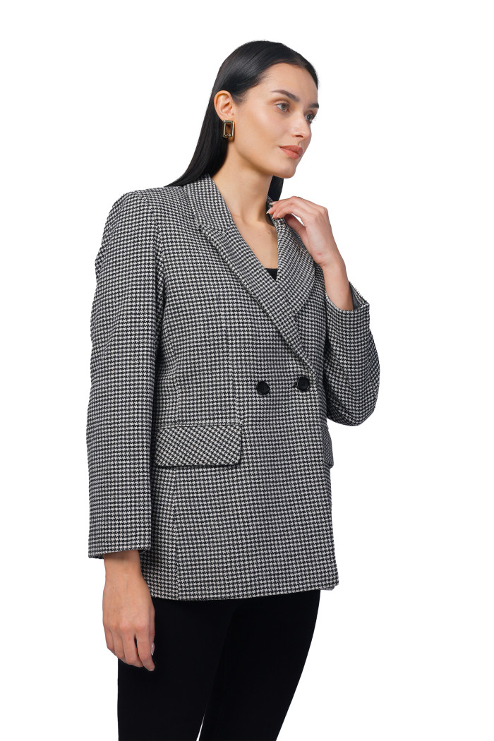 A model showcasing Women Double Breasted Mid Length Coat in Chenille Tweed Fabric thumbnail.