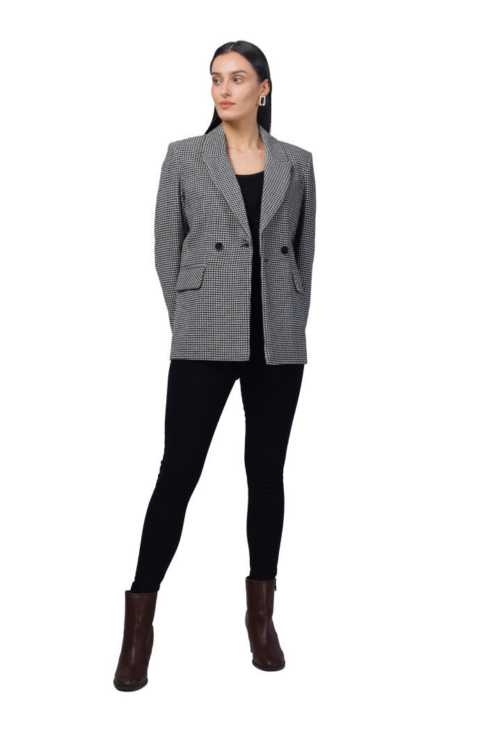 A model showcasing Women Double Breasted Mid Length Coat in Chenille Tweed Fabric thumbnail.