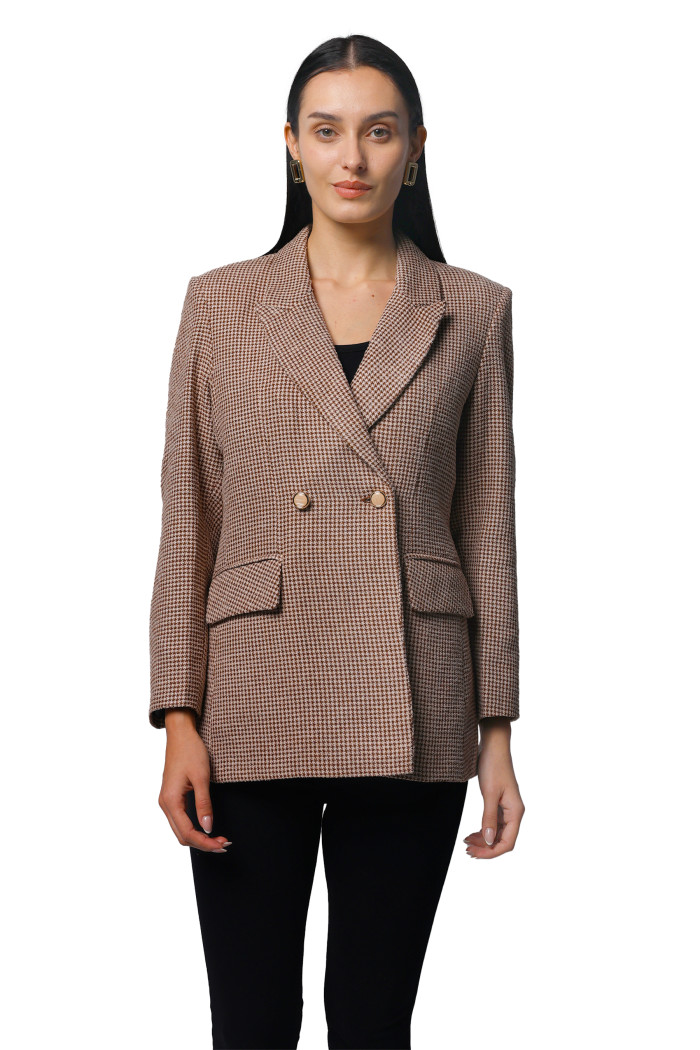 Women Double Breasted Mid Length Coat in Chenille Tweed Fabric - Tan