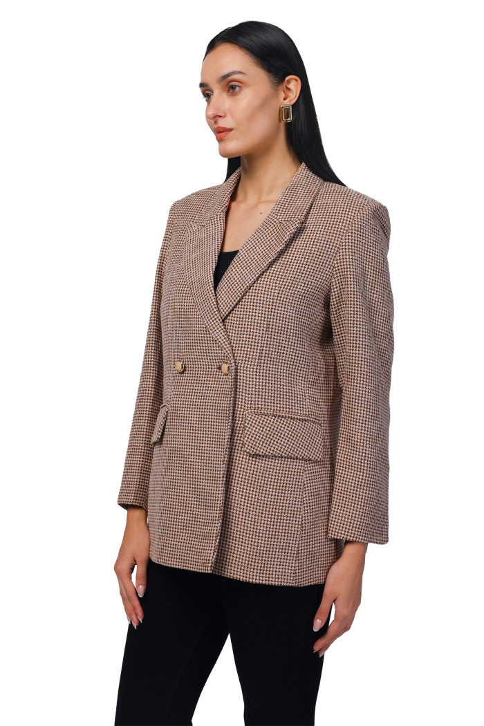 A model showcasing Women Double Breasted Mid Length Coat in Chenille Tweed Fabric thumbnail.