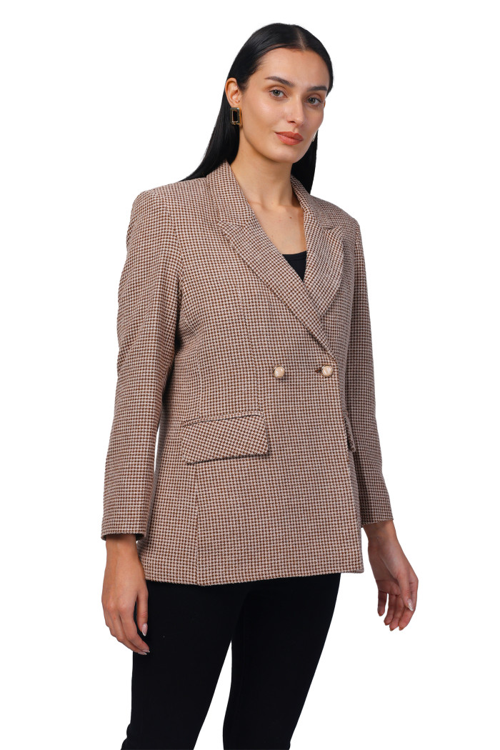 A model showcasing Women Double Breasted Mid Length Coat in Chenille Tweed Fabric thumbnail.