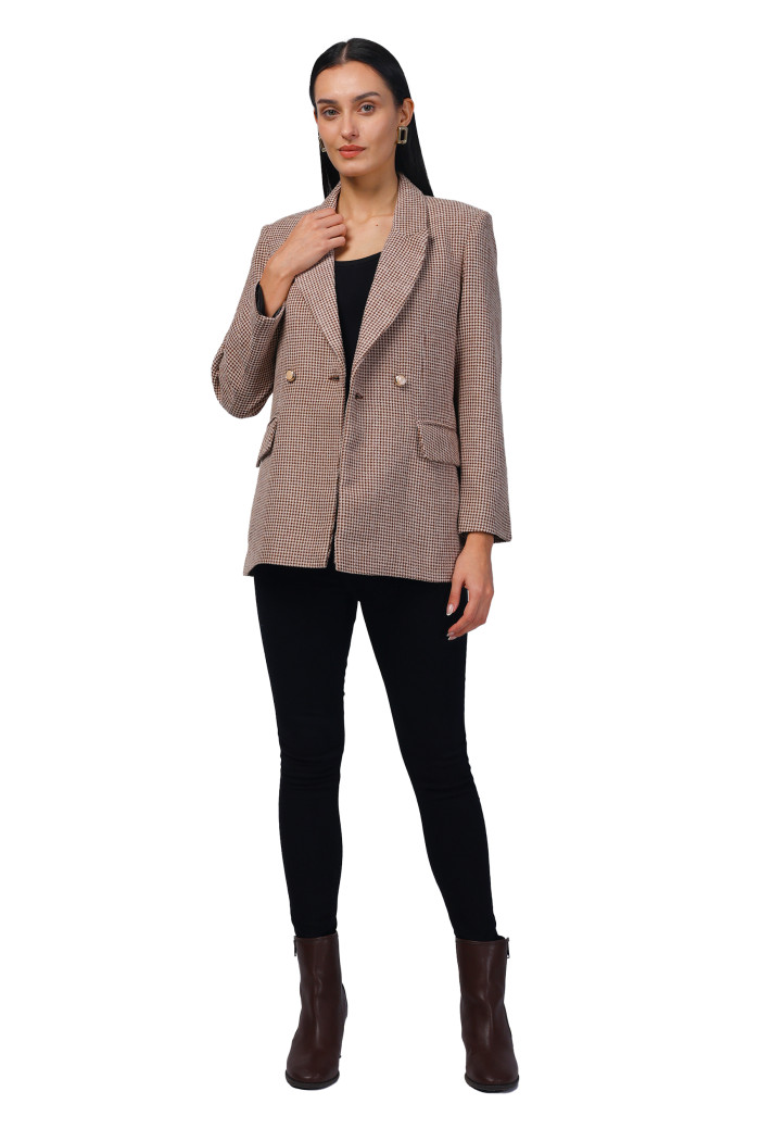 A model showcasing Women Double Breasted Mid Length Coat in Chenille Tweed Fabric thumbnail.