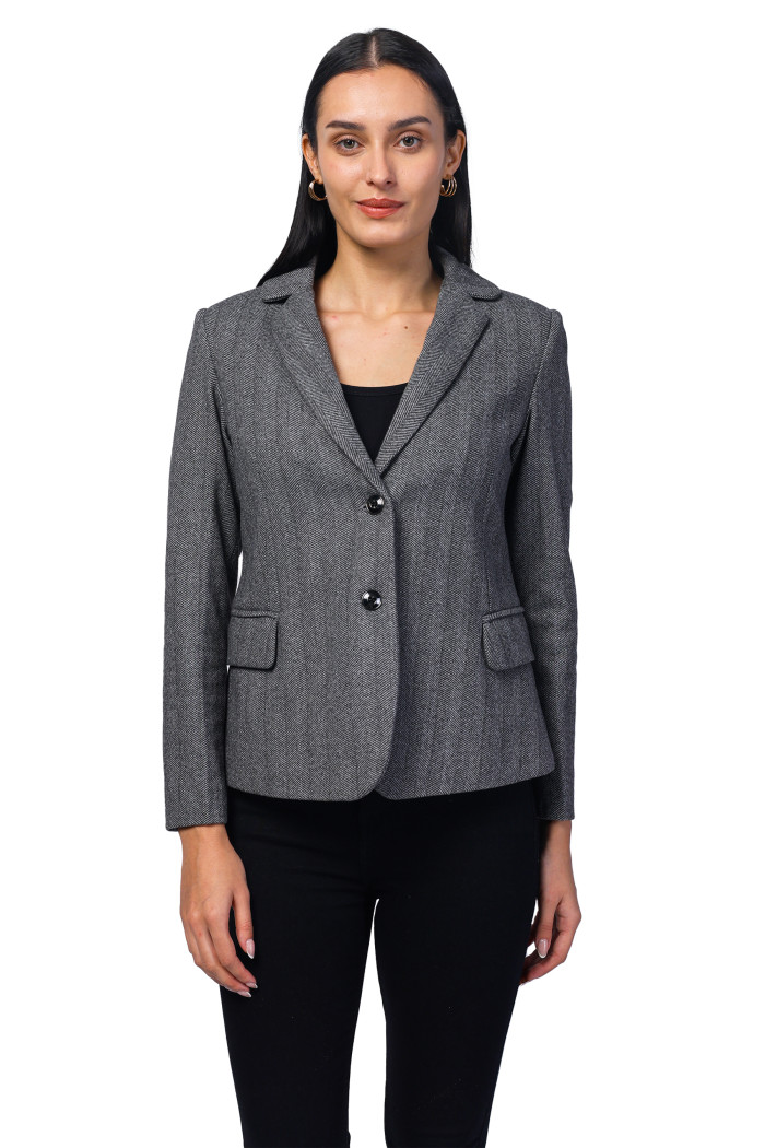 Women Short Coat in Herringbone Tweed Fabric - Black