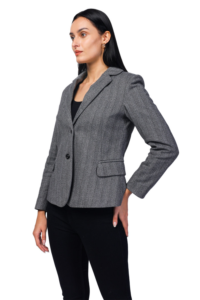 A model showcasing Women Short Coat in Herringbone Tweed Fabric thumbnail.
