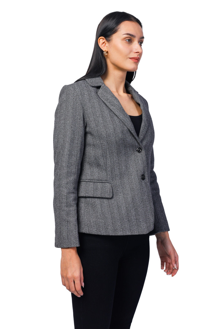 A model showcasing Women Short Coat in Herringbone Tweed Fabric thumbnail.