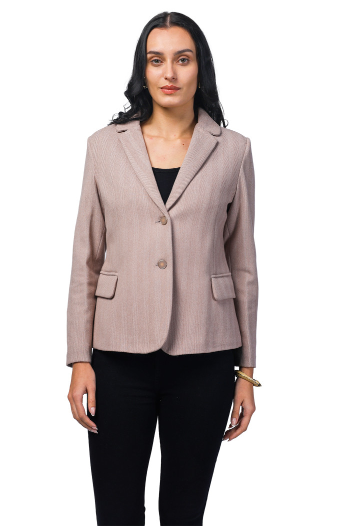 Women Short Coat in Herringbone Tweed Fabric in Camel