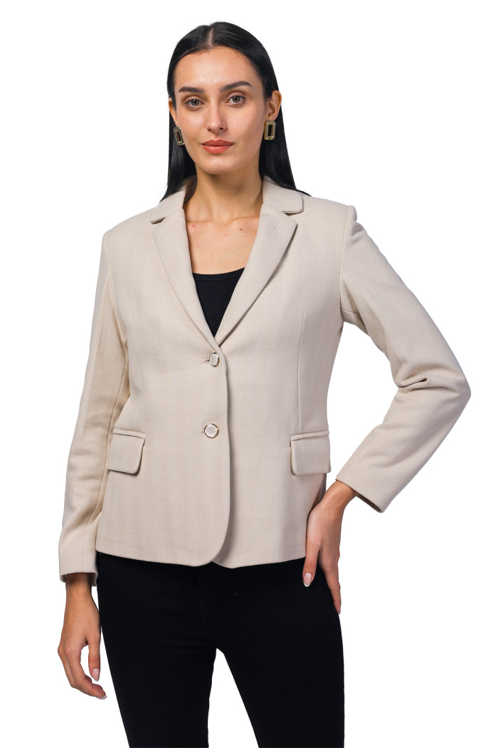 Women Short Coat in Herringbone Tweed Fabric in Fawn