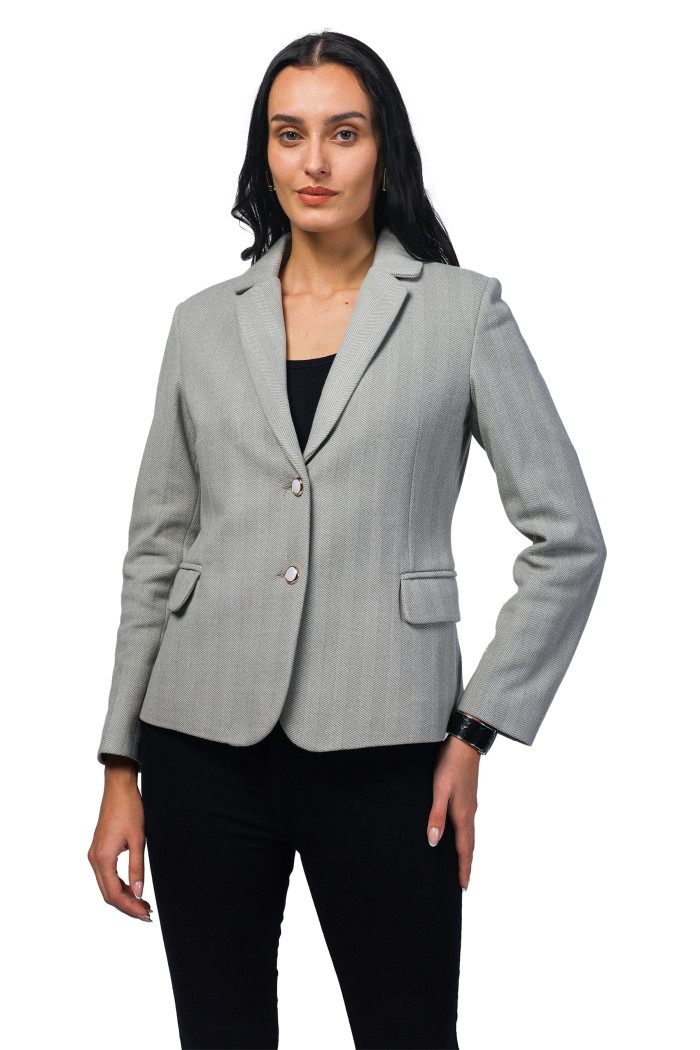 Women Short Coat in Herringbone Tweed Fabric in Green