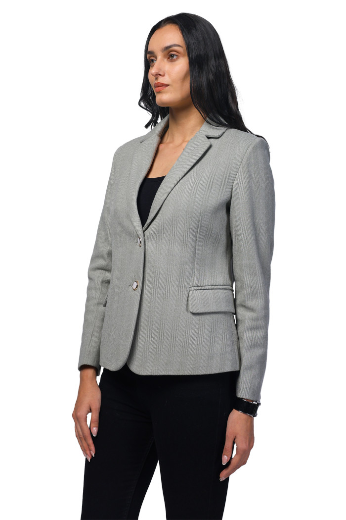 A model showcasing Women Short Coat in Herringbone Tweed Fabric thumbnail.