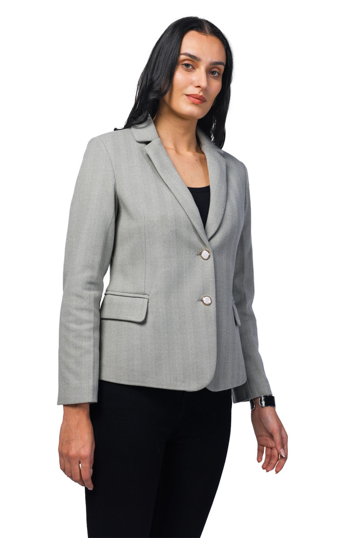 A model showcasing Women Short Coat in Herringbone Tweed Fabric thumbnail.