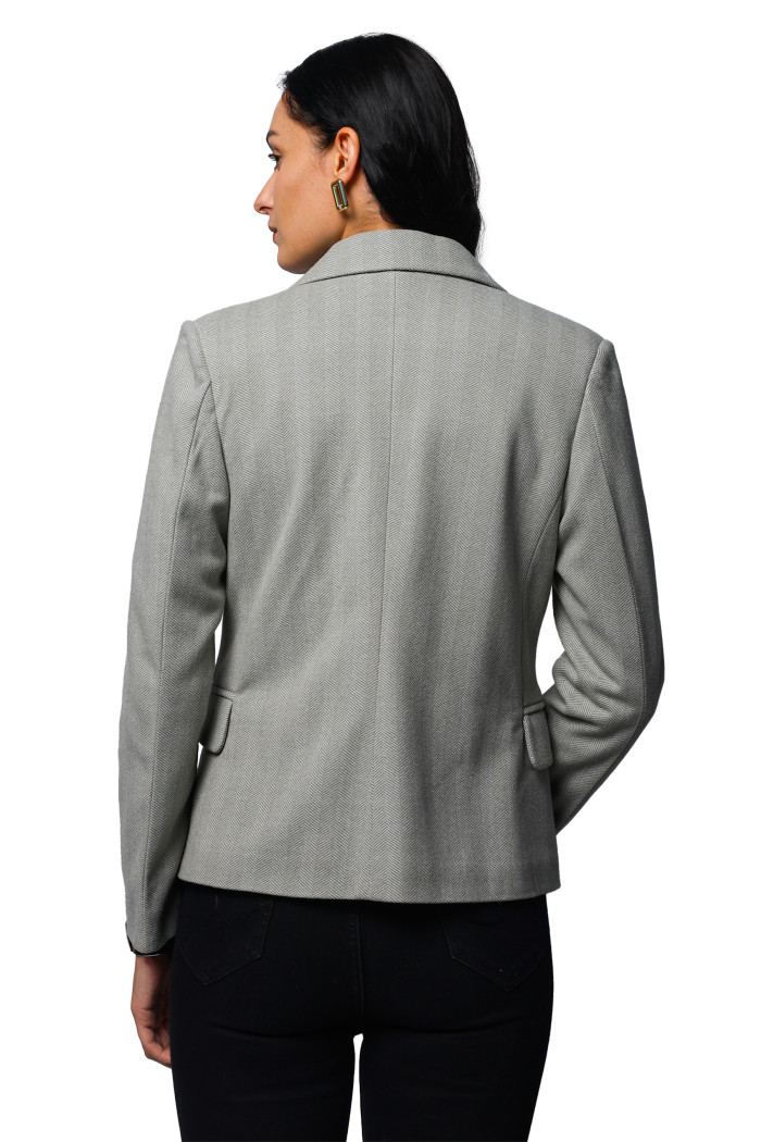 A model showcasing Women Short Coat in Herringbone Tweed Fabric thumbnail.