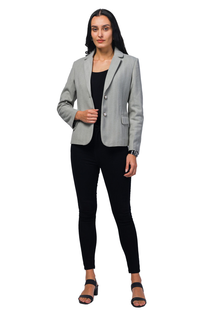 A model showcasing Women Short Coat in Herringbone Tweed Fabric thumbnail.