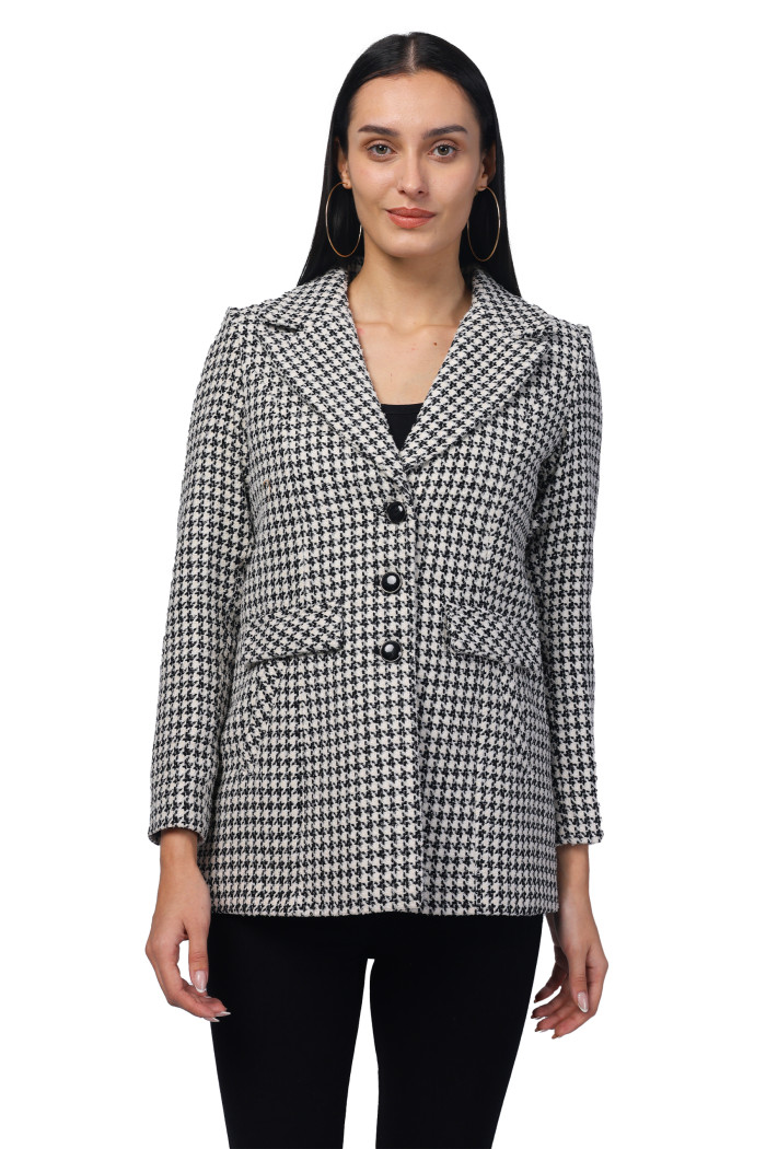 Women Single Breasted Mid Length Coat in Soft Tweed Fabric - Black