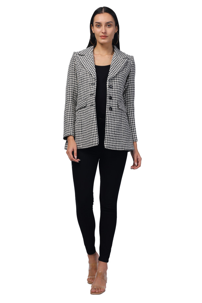 A model showcasing Women Single Breasted Mid Length Coat in Soft Tweed Fabric thumbnail.