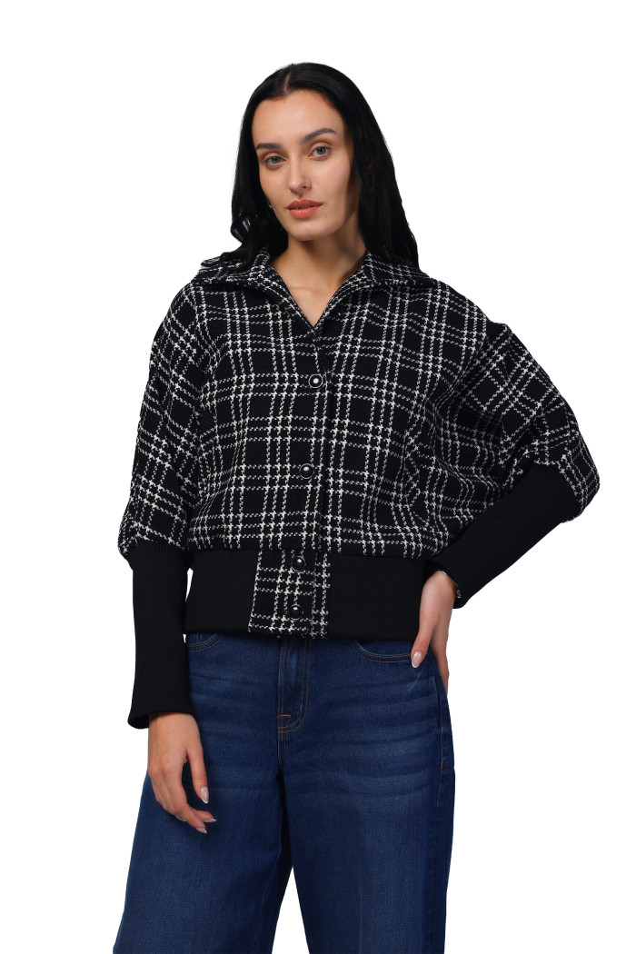Women Kimon in Chenille Tweed Fabric with Rib Sleeves in Black