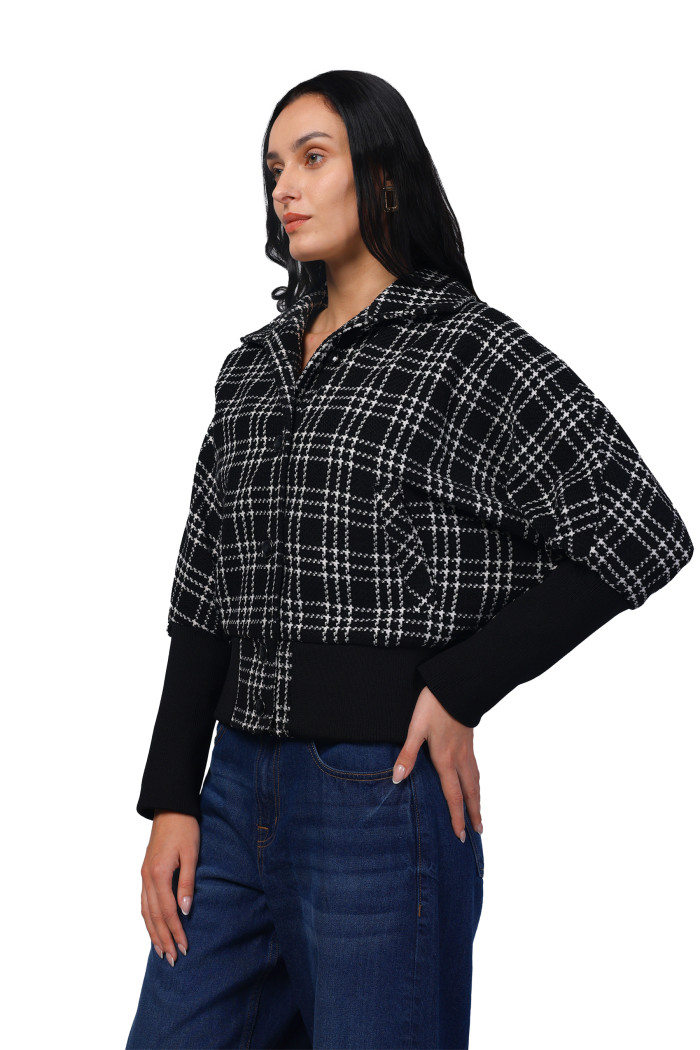 A model showcasing Women Kimon in Chenille Tweed Fabric with Rib Sleeves thumbnail.