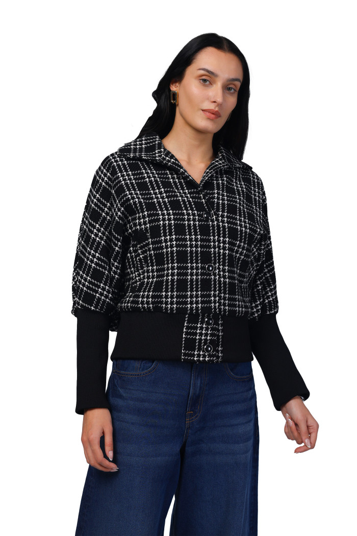 A model showcasing Women Kimon in Chenille Tweed Fabric with Rib Sleeves thumbnail.