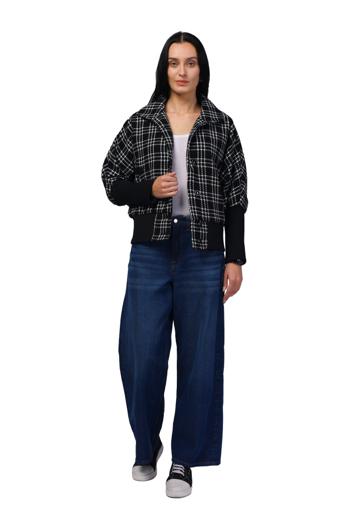 A model showcasing Women Kimon in Chenille Tweed Fabric with Rib Sleeves thumbnail.