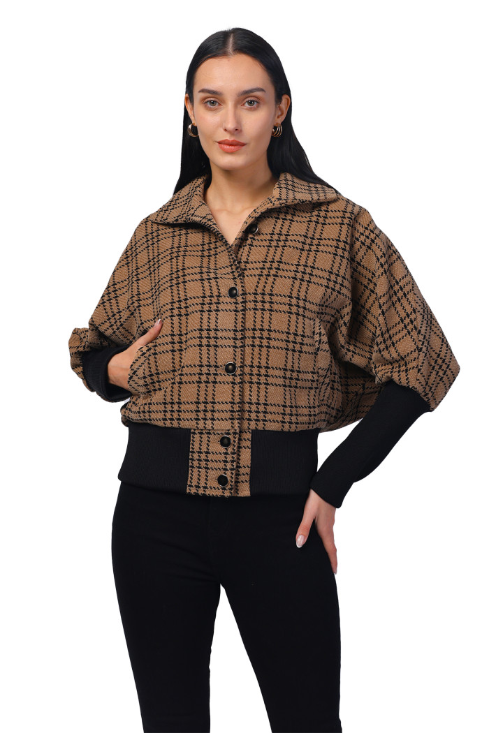 Women Kimon in Chenille Tweed Fabric with Rib Sleeves in Camel