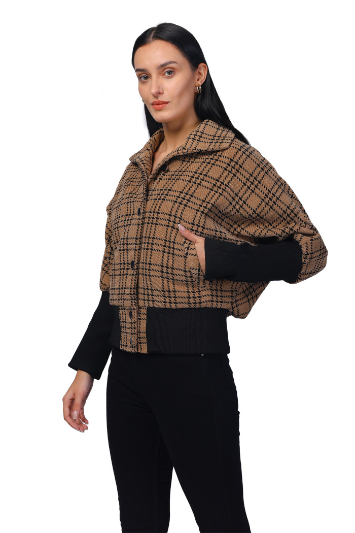 A model showcasing Women Kimon in Chenille Tweed Fabric with Rib Sleeves thumbnail.