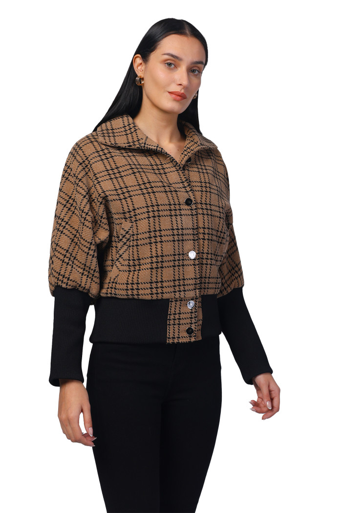 A model showcasing Women Kimon in Chenille Tweed Fabric with Rib Sleeves thumbnail.