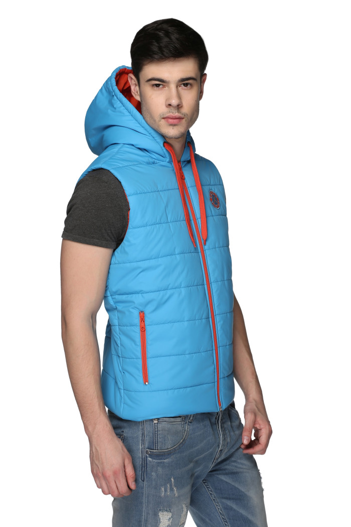 A model showcasing Men's Sleeveless Bomber Jacket With Hood thumbnail.