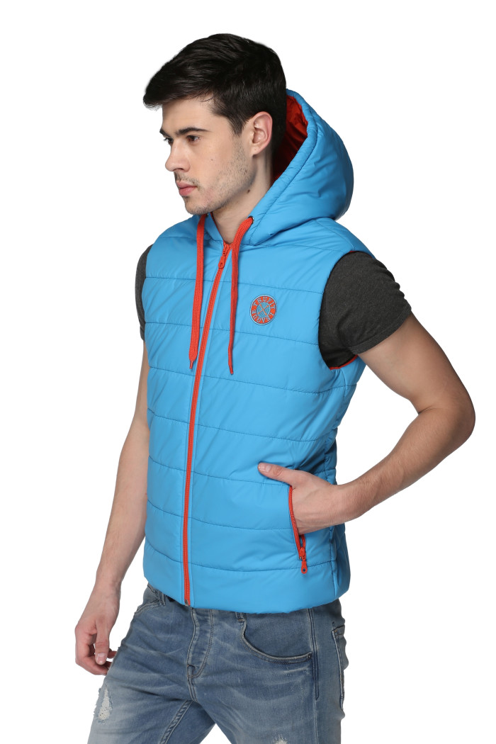 A model showcasing Men's Sleeveless Bomber Jacket With Hood thumbnail.