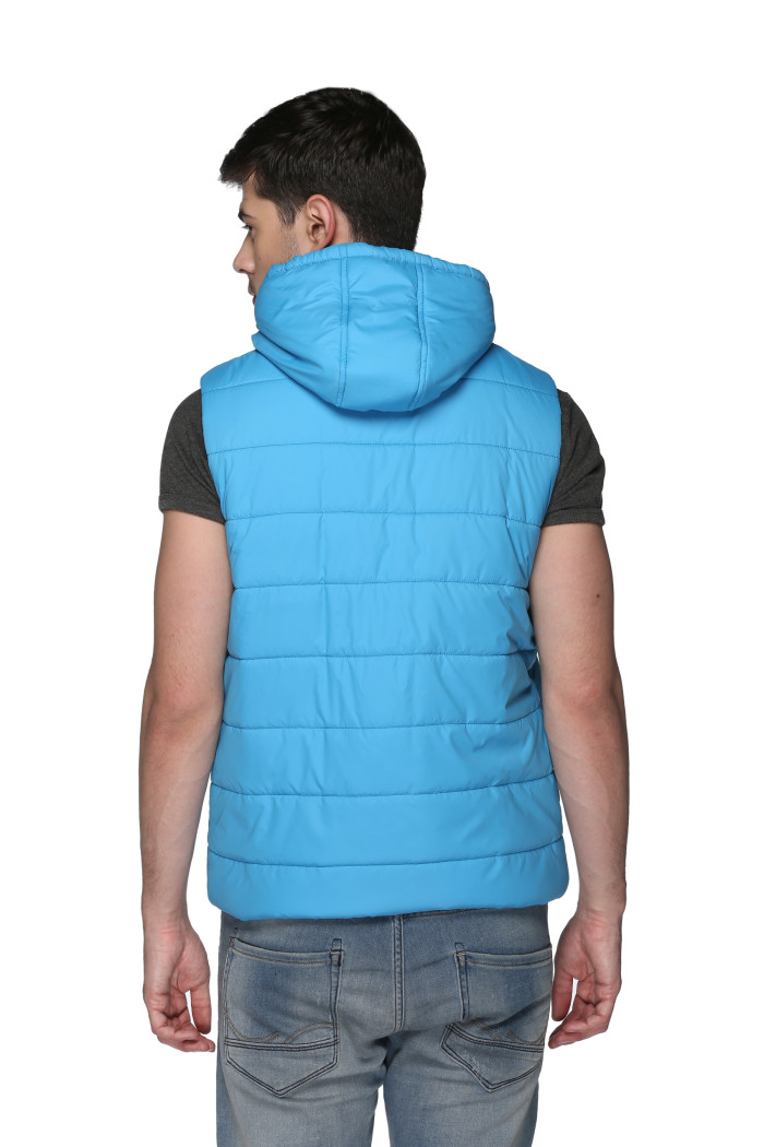 A model showcasing Men's Sleeveless Bomber Jacket With Hood thumbnail.