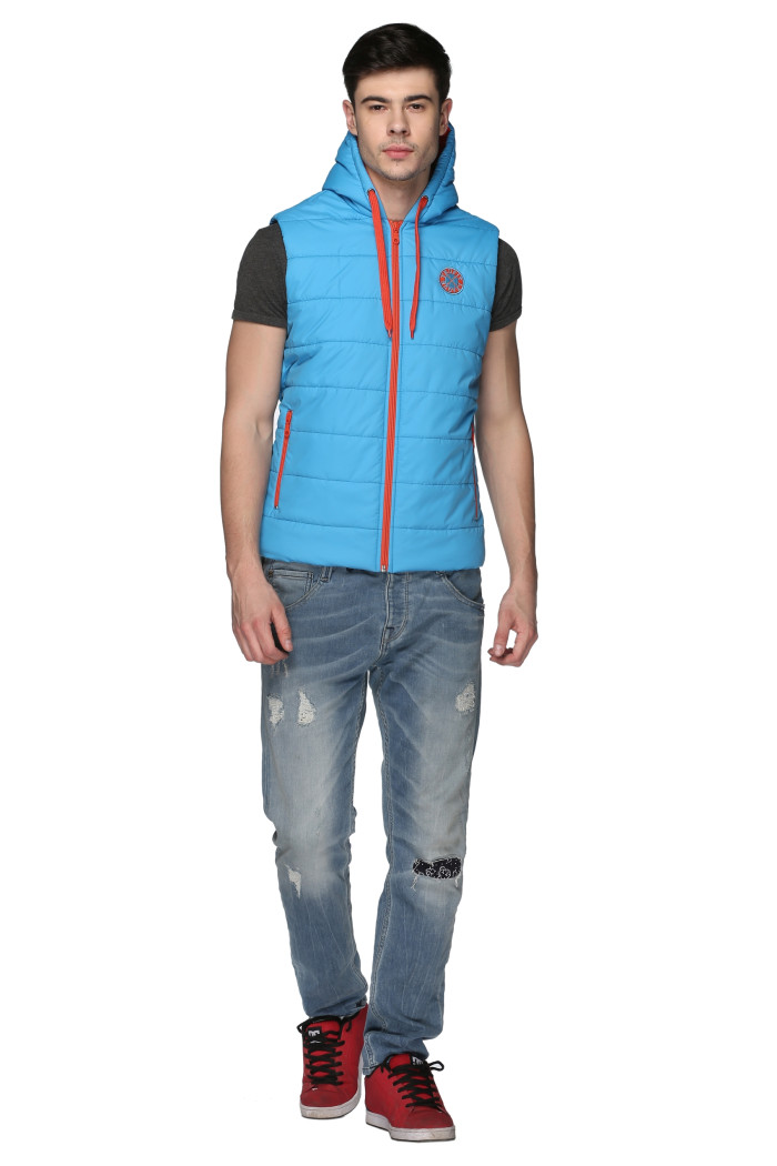 A model showcasing Men's Sleeveless Bomber Jacket With Hood thumbnail.