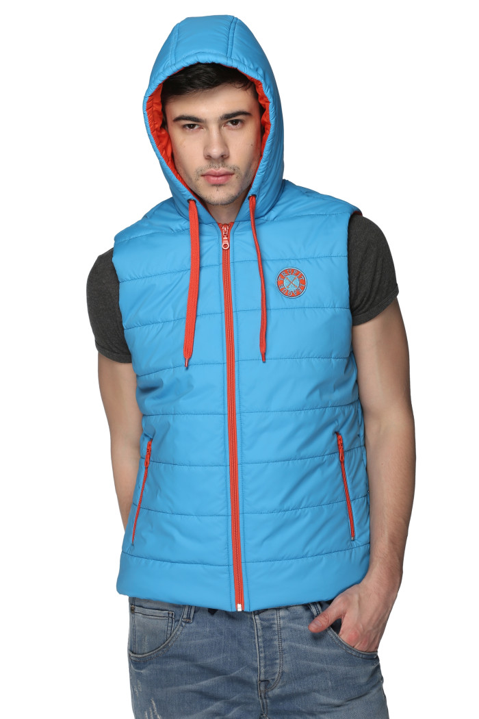 A model showcasing Men's Sleeveless Bomber Jacket With Hood thumbnail.