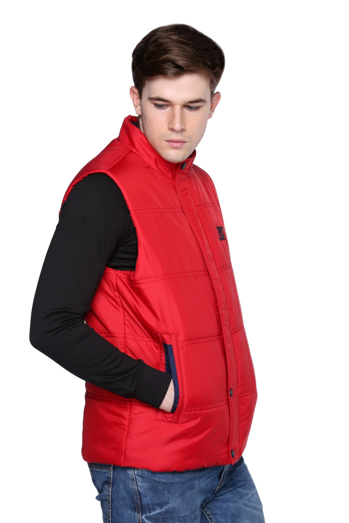 A model showcasing Men’s High Neck Sleeveless Bomber Jacket thumbnail.