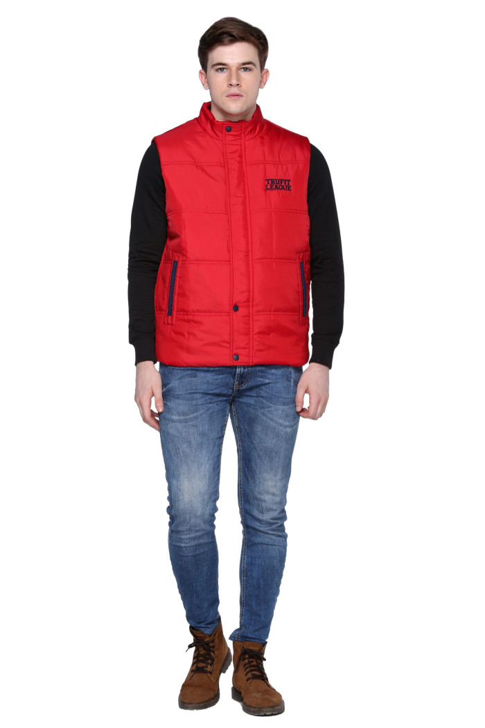 A model showcasing Men’s High Neck Sleeveless Bomber Jacket thumbnail.