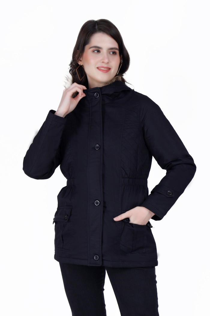 Cotton Jacket For Women With Non Removable Hood in Black