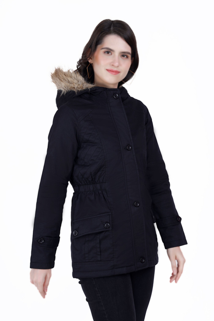 A model showcasing Cotton Jacket For Women With Non Removable Hood thumbnail.