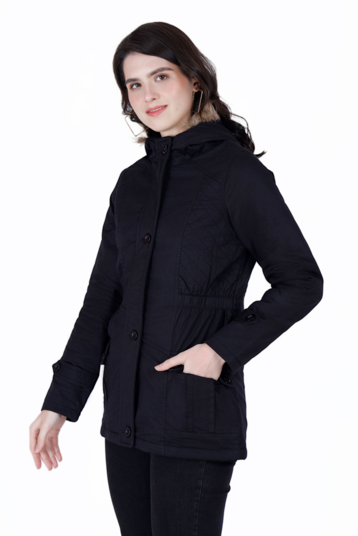 A model showcasing Cotton Jacket For Women With Non Removable Hood thumbnail.