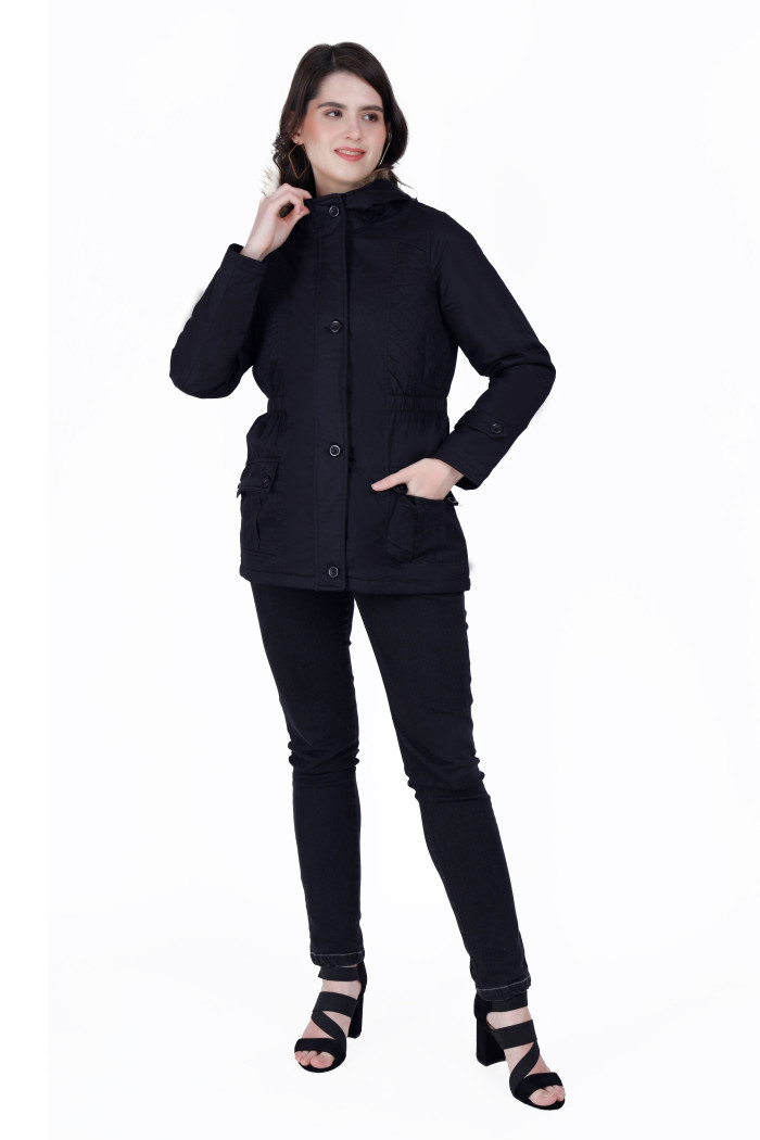 A model showcasing Cotton Jacket For Women With Non Removable Hood thumbnail.