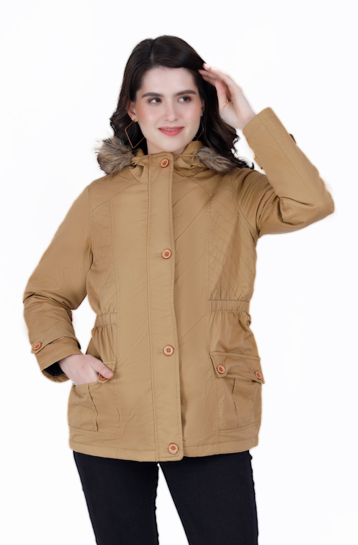 Cotton Jacket For Women With Non Removable Hood - Khaki